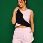 Color Block Twist Crop Top & Running Shorts Co-Ord Set (Pink & Black)