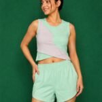 Color Block Twist Crop Top & Running Shorts Co-Ord Set (Mint Green & Grey)