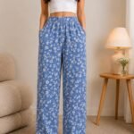 Premium Wide Leg Printed Pant (Blue Floral Print)