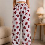 Premium Wide Leg Palazzo Pants - White Red Daisy Print
