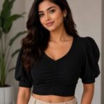 Women's Premium Puff Sleeve Crop Top - Classic Black