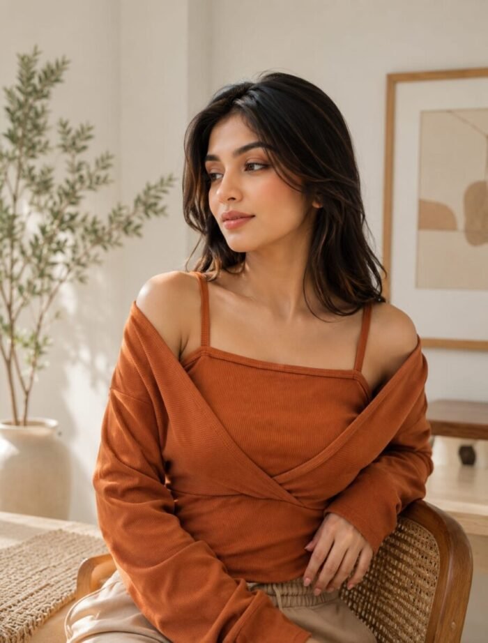 Long-Sleeve Mock Two-Piece Ribbed Knit Top - Image 8