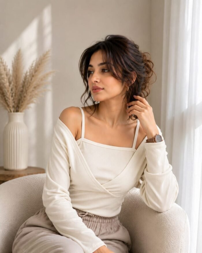 Long-Sleeve Mock Two-Piece Ribbed Knit Top - Image 7
