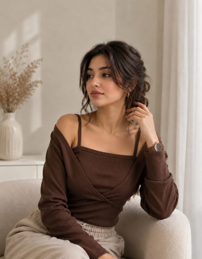 Long-Sleeve Mock Two-Piece Ribbed Knit Top - Image 6