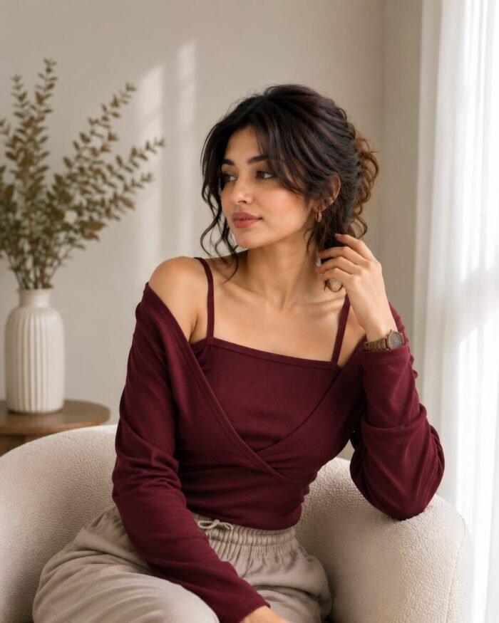 Long-Sleeve Mock Two-Piece Ribbed Knit Top - Image 4