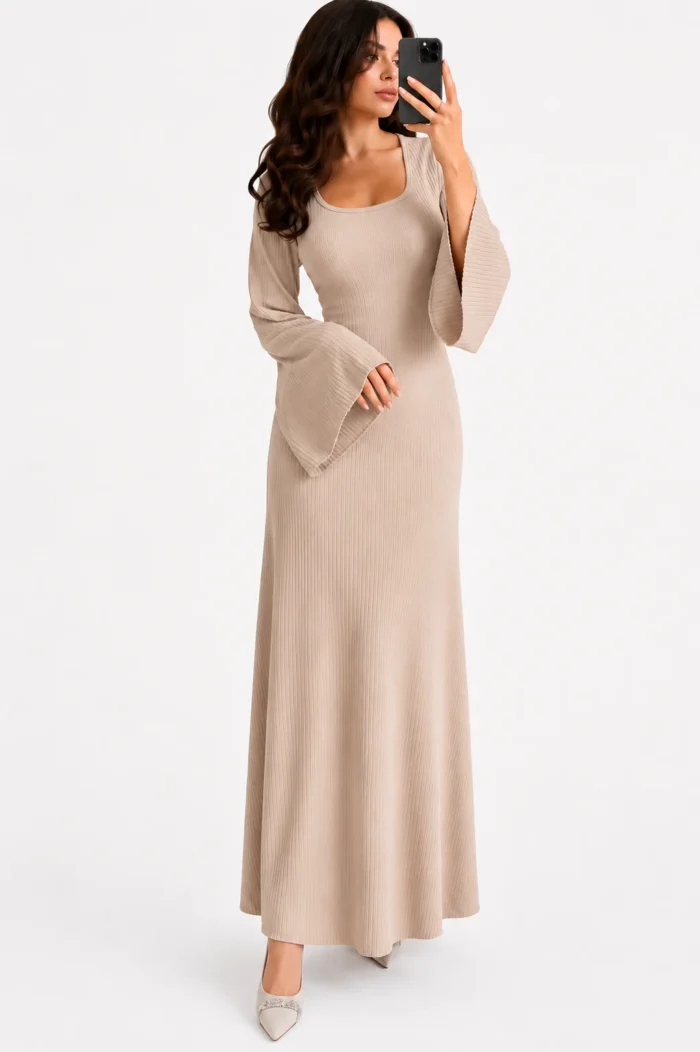 Crew Neck Long Dress Elegant Long Sleeve Ribbed Bodycon - Image 16