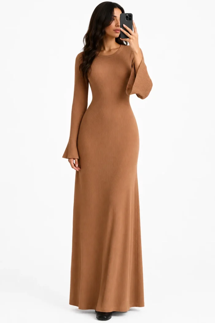 Crew Neck Long Dress Elegant Long Sleeve Ribbed Bodycon - Image 4