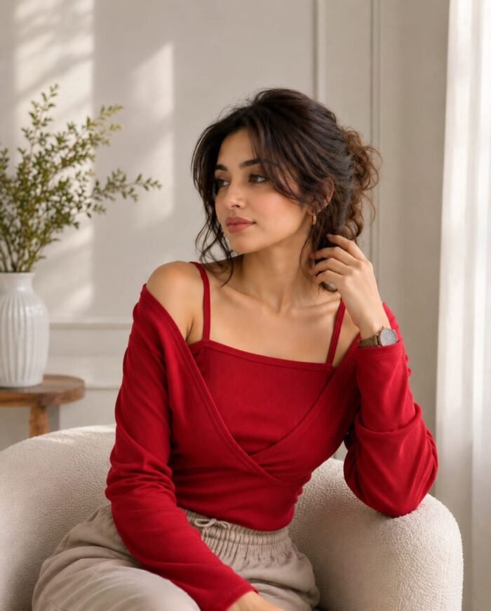 Long-Sleeve Mock Two-Piece Ribbed Knit Top - Image 2