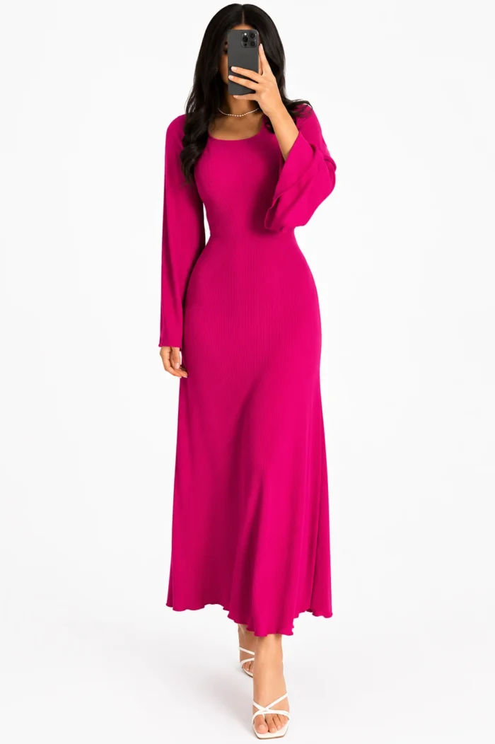 Crew Neck Long Dress Elegant Long Sleeve Ribbed Bodycon - Image 12