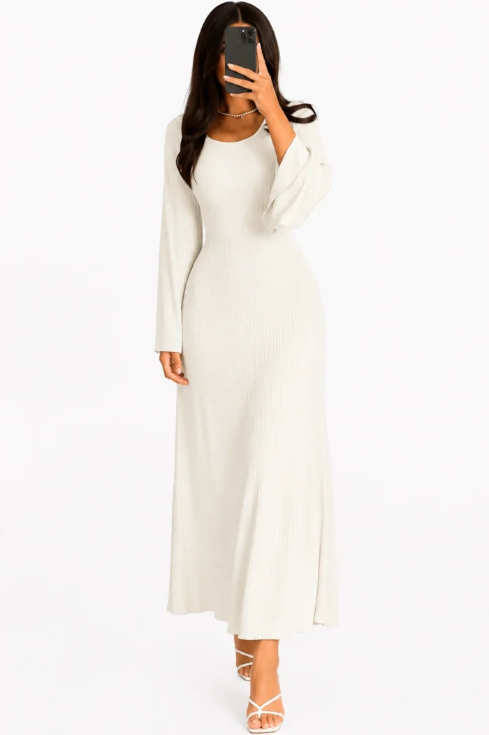 Crew Neck Long Dress Elegant Long Sleeve Ribbed Bodycon - Image 9
