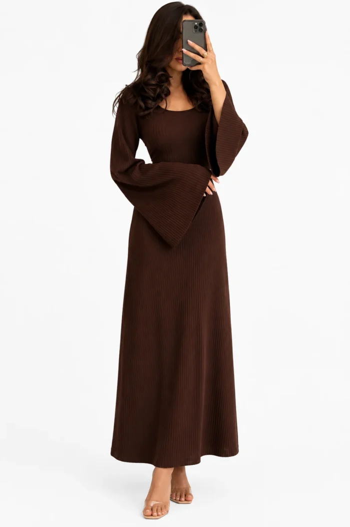 Crew Neck Long Dress Elegant Long Sleeve Ribbed Bodycon - Image 13
