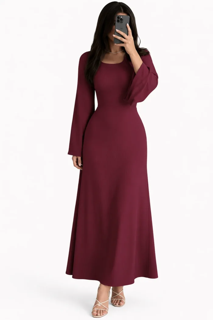 Crew Neck Long Dress Elegant Long Sleeve Ribbed Bodycon - Image 11