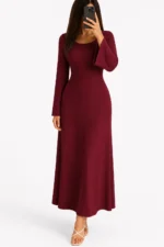 Crew Neck Long Dress Elegant Long Sleeve Ribbed Bodycon - Image 6