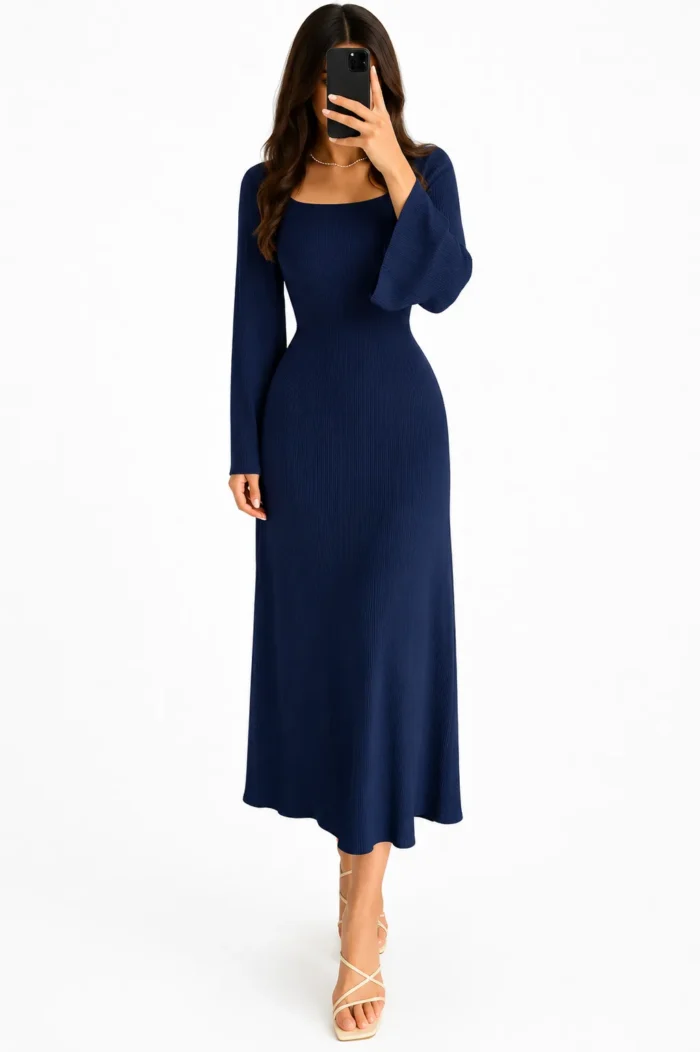 Crew Neck Long Dress Elegant Long Sleeve Ribbed Bodycon - Image 5