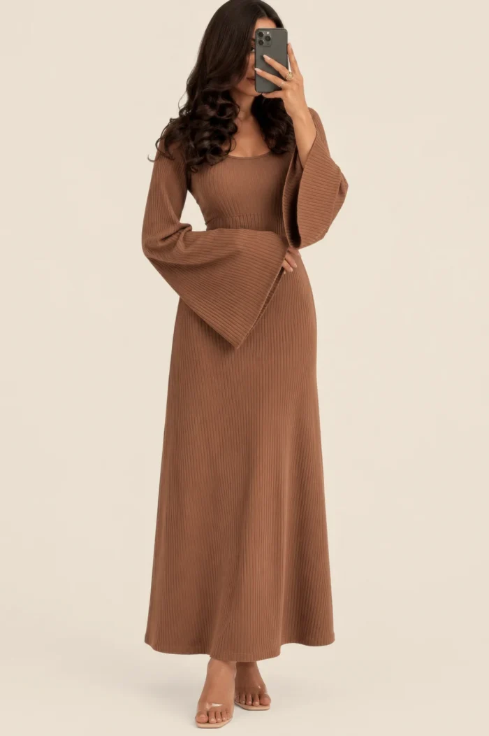 Crew Neck Long Dress Elegant Long Sleeve Ribbed Bodycon - Image 15